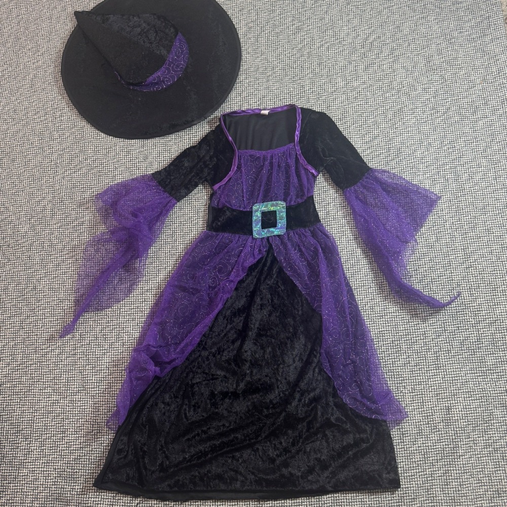 Girls Witch Halloween Costume Set Black Purple Velvet Glitter Dress Hat Size 4-6